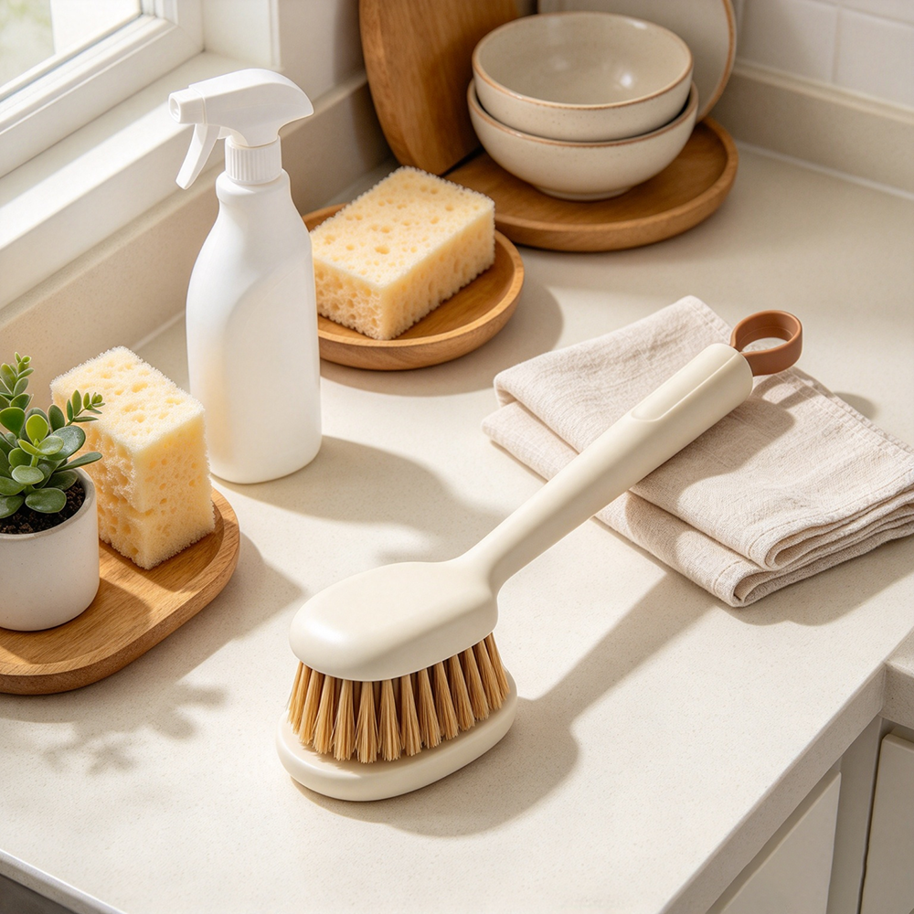 Long‑Handle Flexible PET Bristle Kitchen Pot Scrub Brush