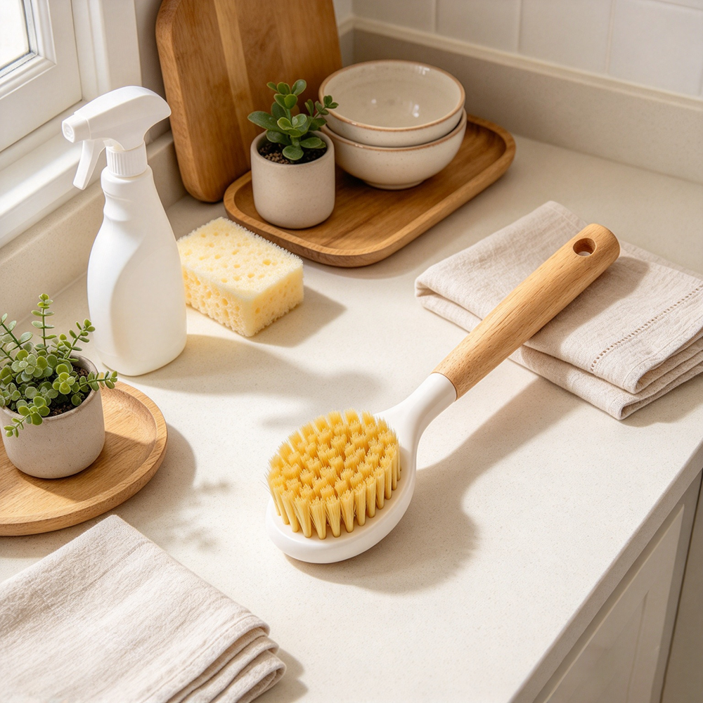 Long‑Handle Beech Wood Sisal Bristle Kitchen Pot Cleaning Brush
