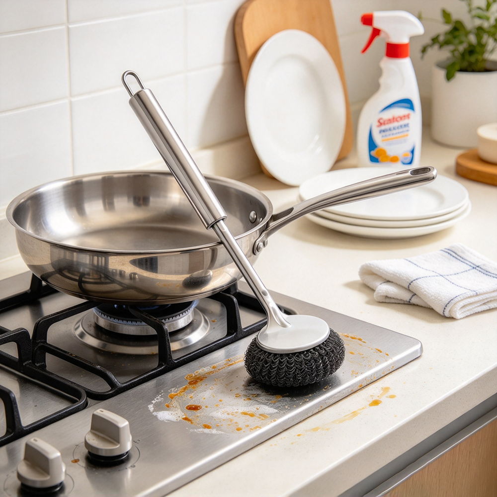 Long‑Handle Replaceable Head Stainless Steel Pot Scrub Brush