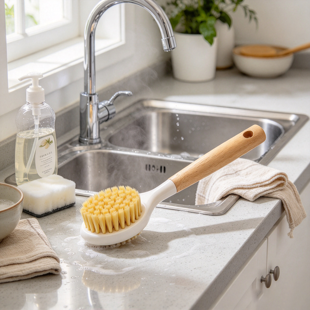 Long‑Handle Beech Wood Sisal Bristle Kitchen Pot Cleaning Brush