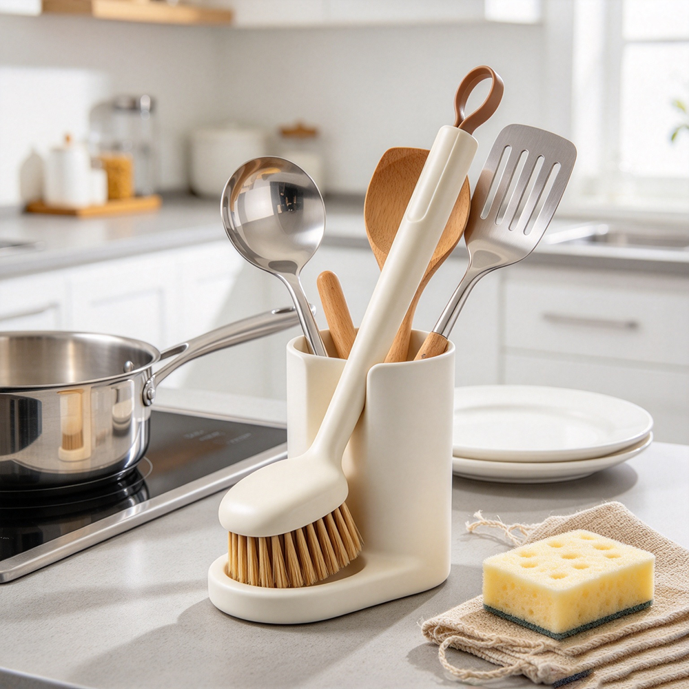 Long‑Handle Flexible PET Bristle Kitchen Pot Scrub Brush