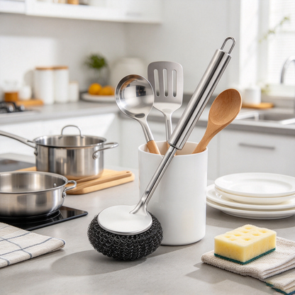 Long‑Handle Replaceable Head Stainless Steel Pot Scrub Brush