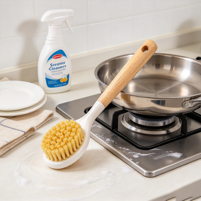 Long‑Handle Beech Wood Sisal Bristle Kitchen Pot Cleaning Brush