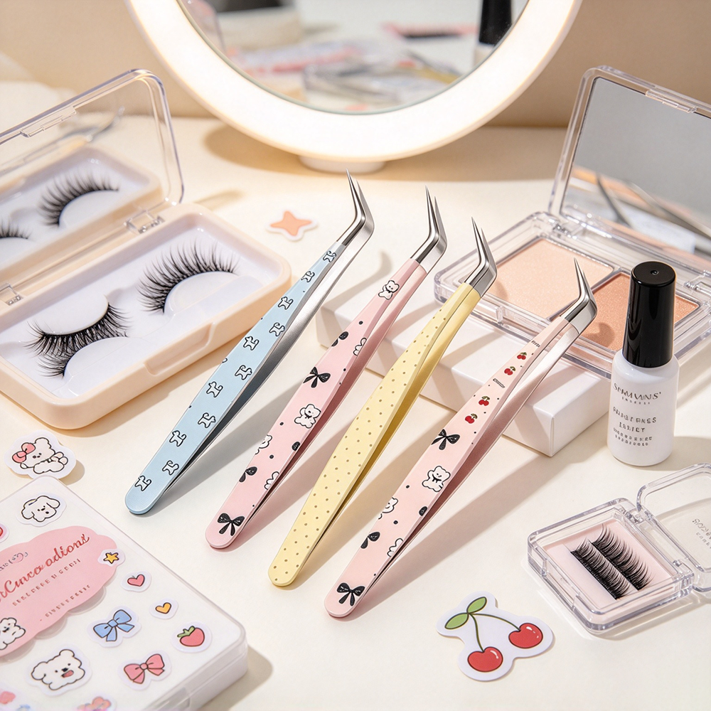 Cute Printed Curved‑Tip Precision Tweezers