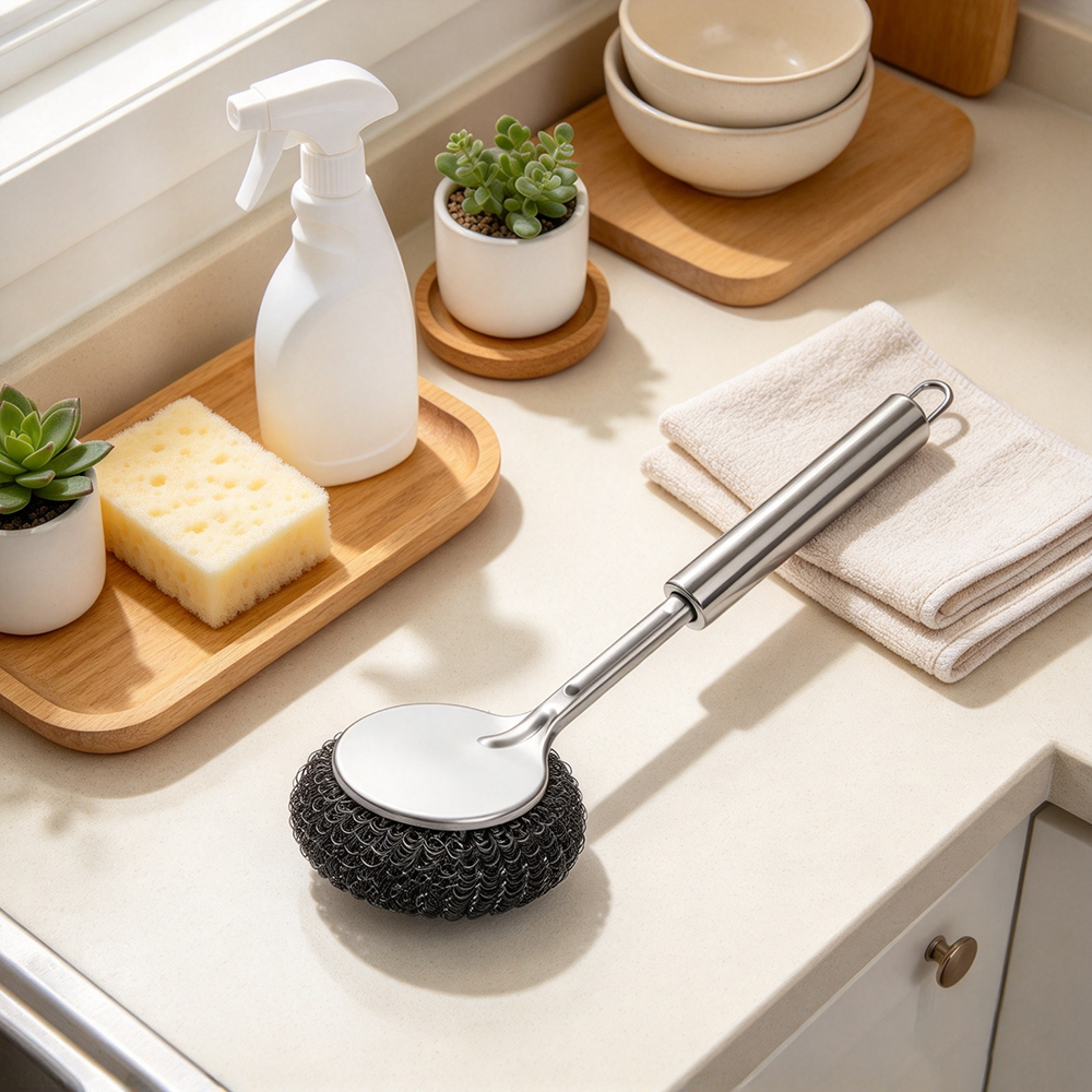 Long‑Handle Replaceable Head Stainless Steel Pot Scrub Brush