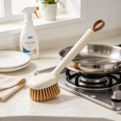 Long‑Handle Flexible PET Bristle Kitchen Pot Scrub Brush